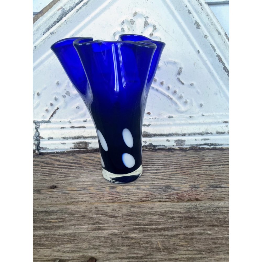 Vintage Art Glass Cobalt Blue White Polka Dot Handkerchief Vase - Picture 3 of 8